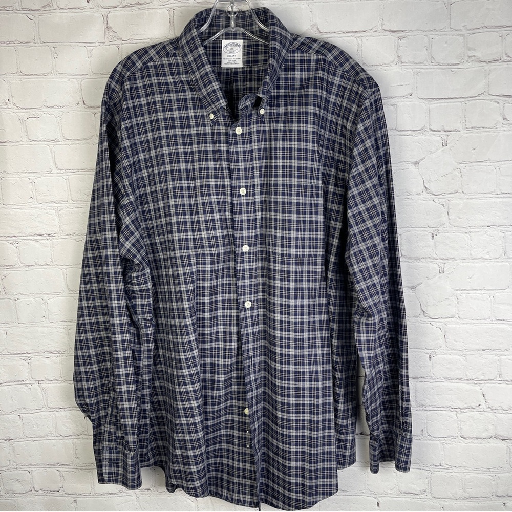 BROOK'S BROTHERS Regent The Original polo cotton non-iron blue plaid shirt sz XL